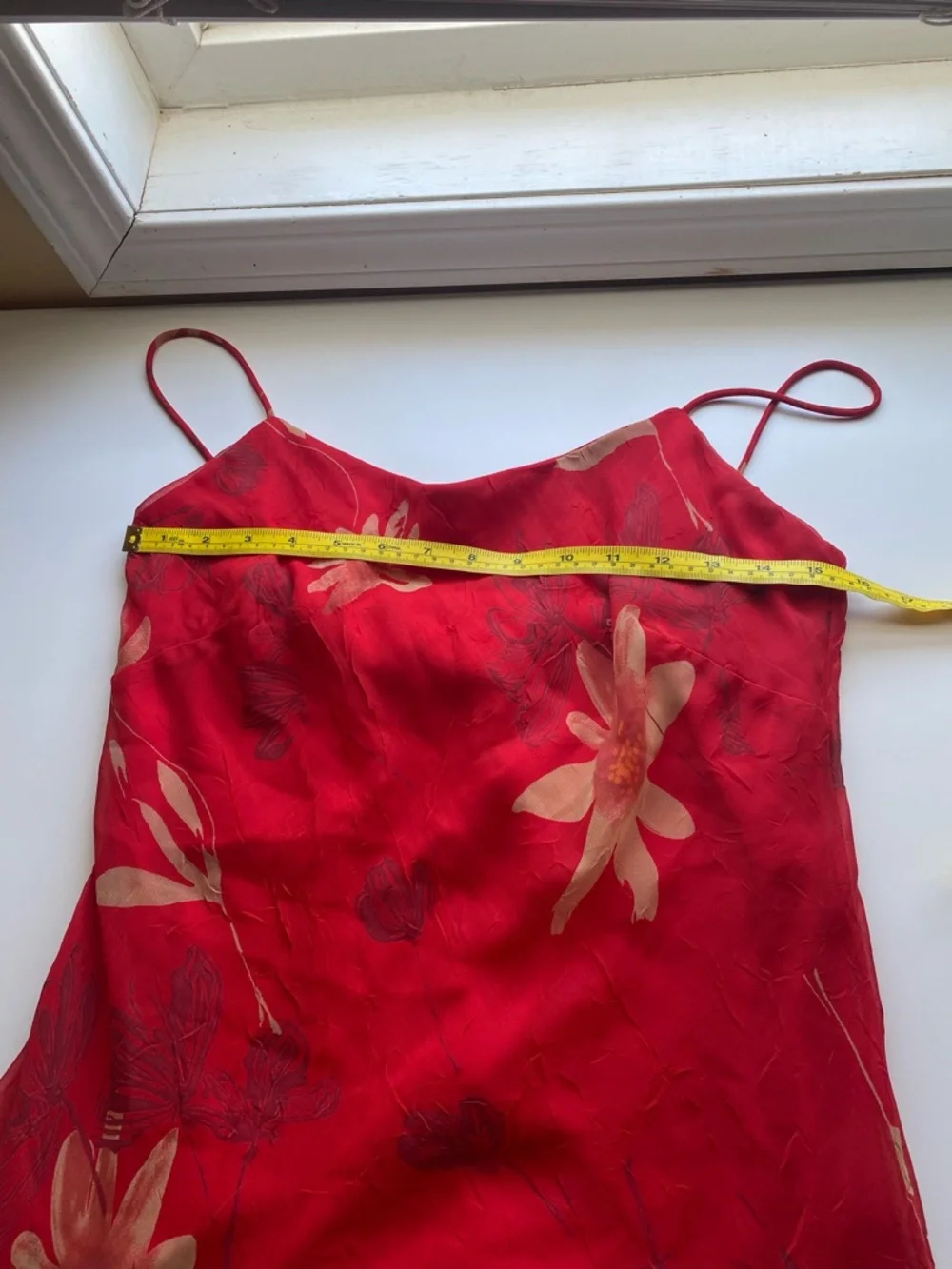 Y2K Oblique Red Floral Slip Dress Woman Small Asymmetrical Hem Spaghetti Strap - Picture 10 of 13